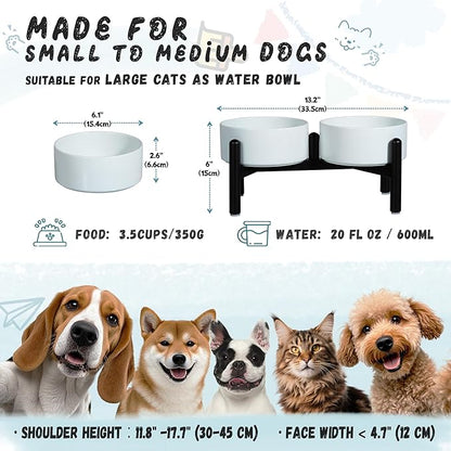 Ceramic Elevated Dog Bowl Set - Dog Feeder Station with Cute-Style Double Bowls for Small and Medium Size Breed - Non-Slip Raised Dish for Food and Water Feeding- 6 Inch - 3.5 Cups / 20 fl oz - Blue