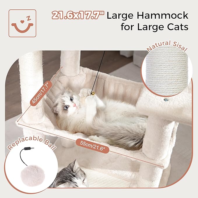 54” Cat Tree with Big Hammock 21x17” XL Cat Tower with Scratching Posts Featuring Large Top Bed, Scratcher Pad, Spacious Condo House and Detectable Ball for Indoor Cats-Large Beige
