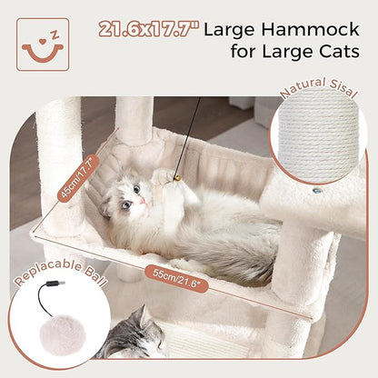 54” Cat Tree with Big Hammock 21x17” XL Cat Tower with Scratching Posts Featuring Large Top Bed, Scratcher Pad, Spacious Condo House and Detectable Ball for Indoor Cats-Large Beige