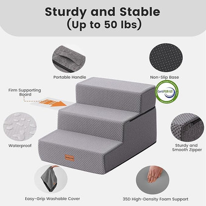 Gardner Pet Dog Stairs for Small Dogs 14" H, 3-Step Extra Wide Dog Steps for Bed, Pet Stairs for Bed and Couch with Durable Non-Slip Waterproof Fabric Cover and Soft Foam, Grey