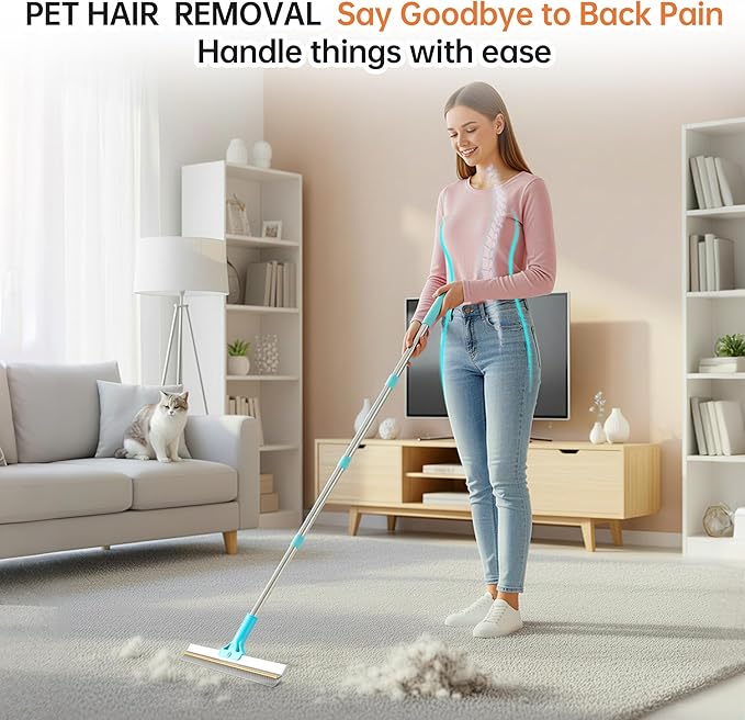 Carpet Rake for Pet Hair Removal - Reusable Uproot Clean Pet Hair Remover, 63” Adjustable Long Handle Cat Dog Carpet Rake Scraper, Dog Hair Rake Brush for Rugs, Mats, Couch