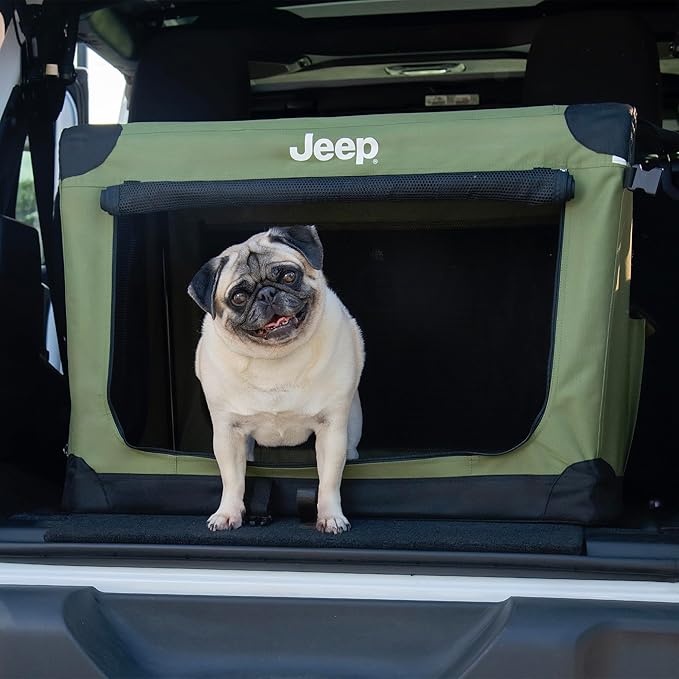 Jeep Portable Travel Crate for Dogs (Rugged Green) Easy Collapsible Soft Sided Kennel Carrier for Pets with Fleece Pad – Gifts for Jeep Owners (32 x 23 x 23 inch - Large)