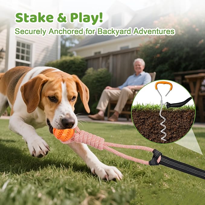 Bungee Tether Tug Outdoor Dog Toy for Dogs, Tug of War Toy with Stake, 2 Puzzle Balls, Cotton Stick Toys, Outdoor Interactive Dog Toys for Lawns, Tug of War Dog Toy for Multi-Pet Households, Orange
