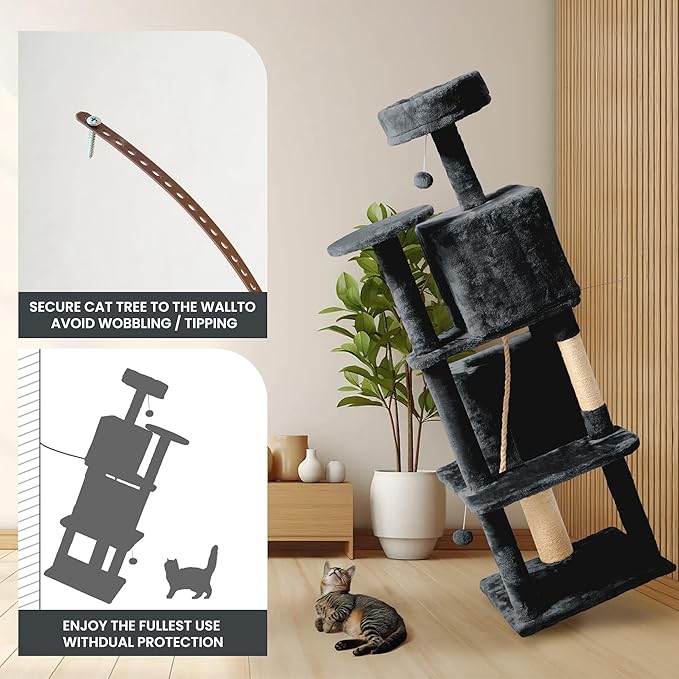 58in Large Cat Tree Tower for Indoor Cats with Soft Plush Hang Ball, Two Condos, Sisal Scratch Posts & Rope Play for Kittens/Adult Cats, Dark Grey
