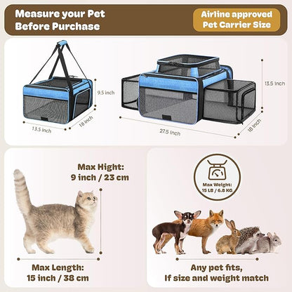 Top and 2 Sides Expandable Cat Carrier 18x13.5x9.5, TSA Airline Approved Dog Carriers for Small Dogs, Soft-Sided Pet Carrier with Self-Locking Zippers for Kitten,Rabbit, Puppy, Guinea Pig Blue