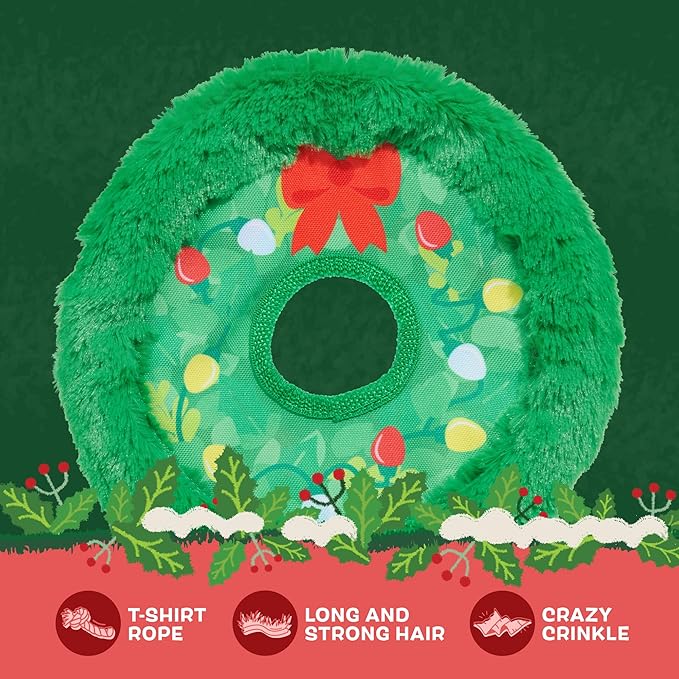Barkbox Get Lit Wreath Dog Toy – Holiday Fetch & Fling Disc with T-Shirt Rope, Crazy Crinkle & Long Plush Hair – Durable Holiday Play Toy for Dogs