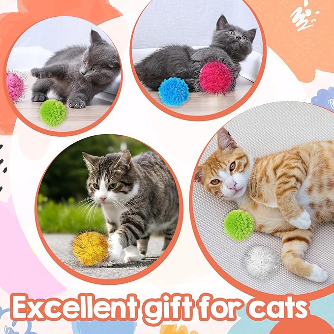 14 PCS Cat Toy Balls, 7 PCS Cute Sparkle Fuzzy Balls for Cat 7 Pieces Soft Cats Toys Yarn Puffs Ball Small Plush Cats Toy Ball for Kitten Pet Chase Play Interactive, Multicolor