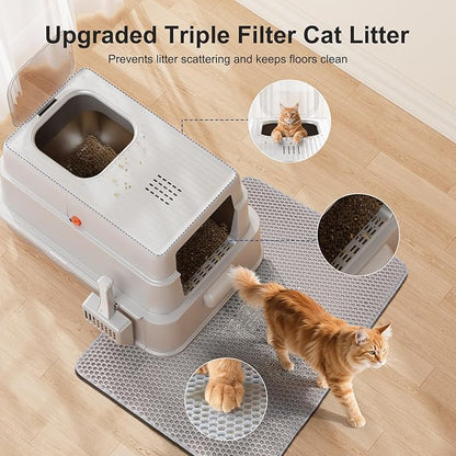 FURTIME Stainless Steel Litter Box with Lid, XL Extra Large Cat Litter Box for Big Cats, Enclosed Drawer Metal Litter Boxs with High Sided, Include Scoop & Mat, Front & Top Entry, Odor Free, Non-Stick