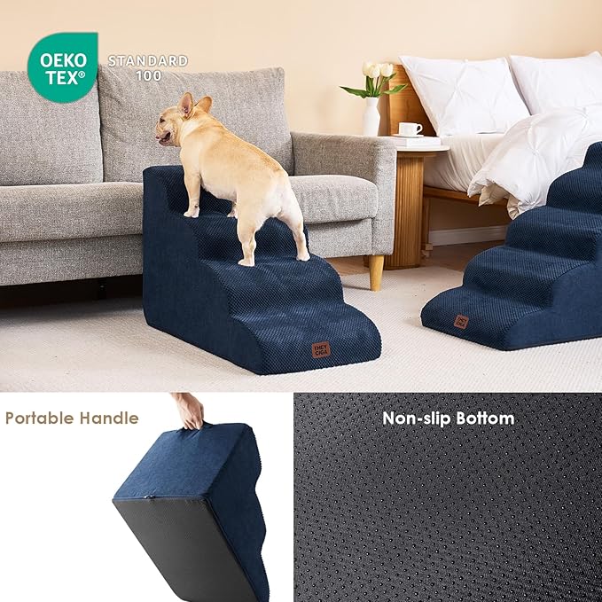 EHEYCIGA Curved Dog Stairs Ramp for High Beds 19.7" H, 4-Step Dog Steps for Small Dogs and Cats, Pet Stairs for High Bed Climbing, Non-Slip Balanced Pet Step Indoor, Navy