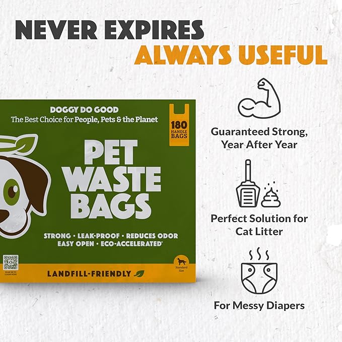Doggy Do Good Landfill-Friendly Poop Bags | Dog Waste Bags Made with 50% Recycled Plastic + 15% Biobased Material | Unscented, Thick, Leak-Proof, Easy Open | Large | 180 Count Grab & Go Handle Bags