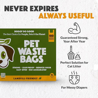 Doggy Do Good Landfill-Friendly Poop Bags | Dog Waste Bags Made with 50% Recycled Plastic + 15% Biobased Material | Unscented, Thick, Leak-Proof, Easy Open | Large | 180 Count Grab & Go Handle Bags