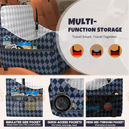 Dog Car Seat for Small/Medium Dogs up to 35lbs, 4-Pocket Storage Memory Foam Dog Booster Seat, Detachable Washable Pet Car Seat with Safety Belt, Outdoor & Indoor Use (Blue/Grey)