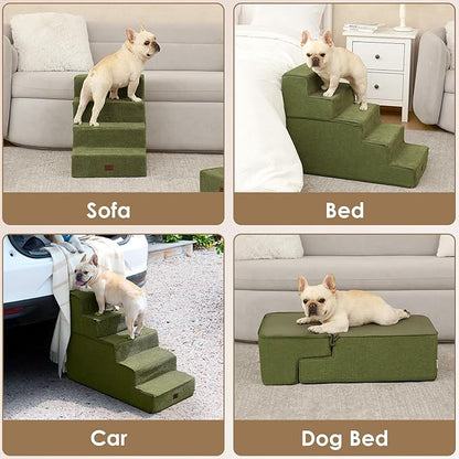 EHEYCIGA Dog Stairs for Bed 18" H, 4-Step Dog Steps for High Bed, Pet Steps for Small Dogs and Cats, Non-Slip Balanced Pet Ramp Indoor, Olive Green