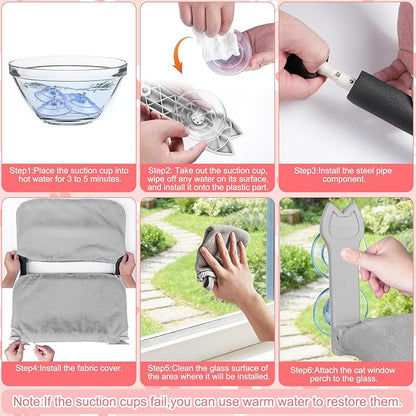 2 Pack Cat Window Perch,Cat Window Hammock Cordless Foldable Window Bed with 4 Large Strong Suction Cup,Reversible Cushion Cover,Metal Frame Easy to Adjust Window Seat Holds up to 40lbs(Gray)