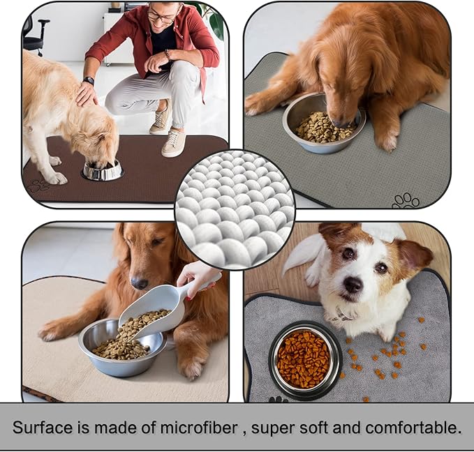 SINLAND Microfiber Pet Bowl Mat Dog Cats Feeding Mats for Food and Water Dish Drying Mat with Anti-Skid Backing 14.2Inch x 24Inch Grey