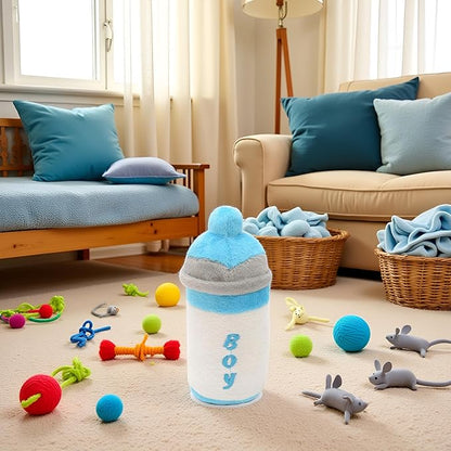 1Pcs Light Blue Funny Chewing Pet Toy, Cat Cute Baby Bottle Design Bite Squeaky Sound Plush Molar Toy，Dog Squeak Toys,Crunch and Play Bottle Dog Toy