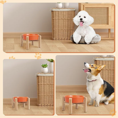 Elevated Slow Feeder Dog Bowl - Ceramic Maze Food Dish with Bamboo Stand - Raised Feeding Bowl for Fast Eaters - Ideal for Small and Medium Dogs - Orange - 6.7 inch