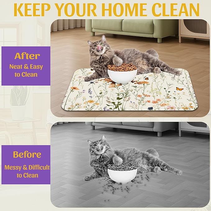 Vintage Wildflowers Herbs Pet Feeding Mat, Absorbent Bowl Pad, Quick Dry, Non-Slip Base, No Stains – 16x24 Inch