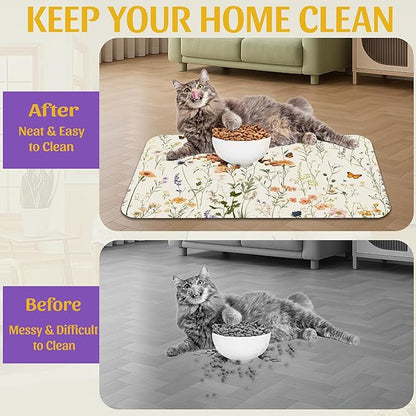 Vintage Wildflowers Herbs Pet Feeding Mat, Absorbent Bowl Pad, Quick Dry, Non-Slip Base, No Stains – 16x24 Inch