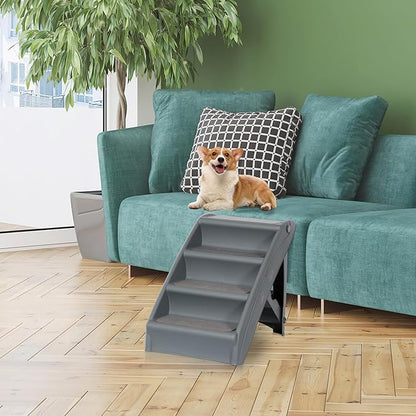 LEMY Foldable Pet Ladder,Pet Stairs with 4 Steps,Plastic Anti-Slip Pet Furniture Pet Dog Steps for Small/Old Dog,Grey