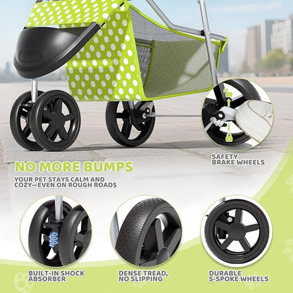 Magshion 3-Wheel Pet Stroller, Foldable Travel Jogger for Small & Medium Dogs & Cats (Up to 33lbs), Lightweight Carrier with Breathable Mesh Cover, Cup Holder & Storage Basket, Lawn Green Polka Dots