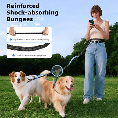 Hands Free Dog Leash, Waist Leash for Dog Walking 2 Dogs, Double Hands Free Lead with Detachable Waist Pad, Padded Handles, Shock Absorbing Bungee for Walking Jogging Hiking, Blue&Black