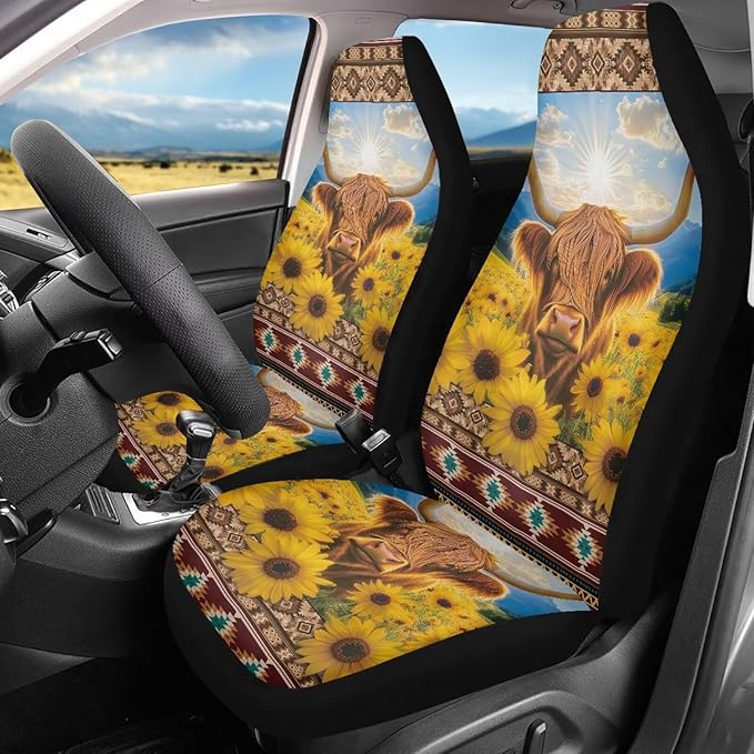 Sunflower Highland Cow Car Seat Covers Elastic Fabrics Waterproof Car Seat Cover Easy to Install Auto Interior Accessories 2 Pcs Set for SUV, Vans,Sedan,Truck