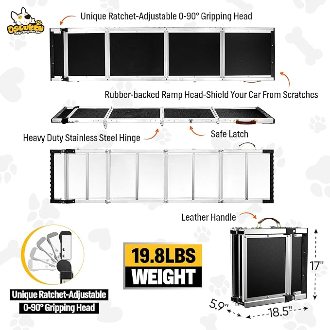 𝐍𝐞𝐰𝐥𝐲 𝐔𝐩𝐠𝐫𝐚𝐝𝐞𝐝 Dog Ramp for Car (200 lbs), Extra L71” W17” Folding Pet Ramp for Large Dogs Ratchet-Adjustable 90° Head, Outdoor Anti-Slip Foldable Dog Car Ramps for SUV Truck Side Door