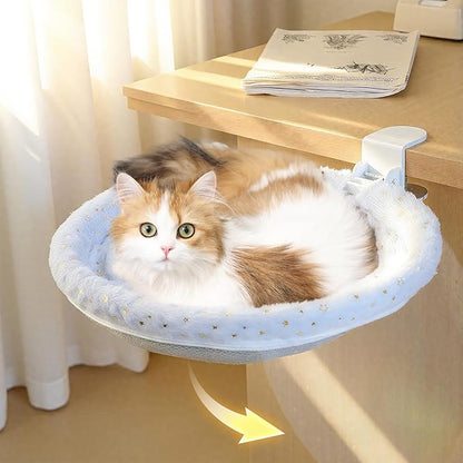 Cat Desk Bed, Cat Perch for Home Office, 360°Rotating & Adjustable Shelf, Removable Comfortable Soft Pet Nest Bed, Modern Unique Kitten Furniture Attachment for Game Tables (Grey)
