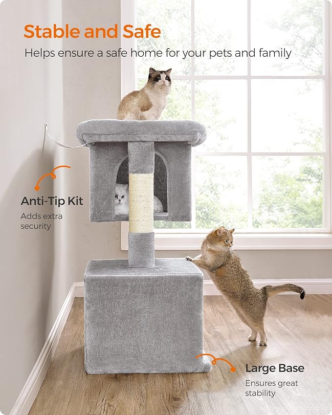 Feandrea Cat Tree, 40.6-Inch Cat Tower, Plush Condo for Extra Large Cats up to 44 lb, Large Perch, 2 Caves, Scratching Post, Light Gray UPCT614W01