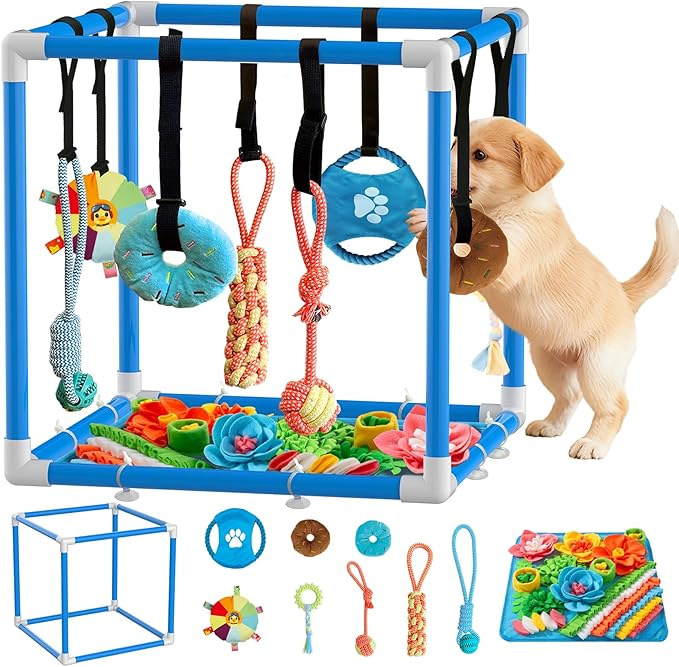 Puppy Play Gym with Snuffle Mat & 8 Hanging Toys Indoor Play Gym Interactive Dog Toys for Boredom Enrichment Activity for Small Dog PVC Frame Stretchy Rope with Velcro (Blue,19.6 x 19.6 x 19.6 inch)
