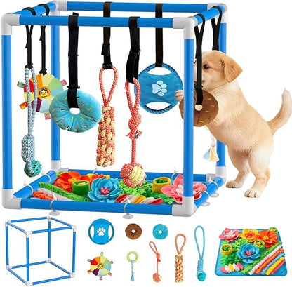 Puppy Play Gym with Snuffle Mat & 8 Hanging Toys Indoor Play Gym Interactive Dog Toys for Boredom Enrichment Activity for Small Dog PVC Frame Stretchy Rope with Velcro (Blue,19.6 x 19.6 x 19.6 inch)