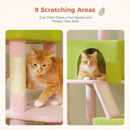 Flower Cat Tree Tall 70.8" for Adult Indoor Cats, 8-Levels Large Cat Tower with 8 Sisal Posts, 2 Hammocks, 2 Condos, Big Perch & 3 Pom Poms for Multi-Cats Household – Carpet Pink
