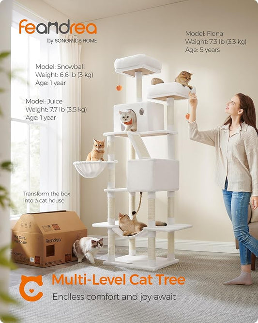 Feandrea Cat Tree, 81.1-Inch Large Cat Tower, Multi-Level Plush Condo with 13 Scratching Posts, 2 Perches, 2 Caves, Basket, Hammock, Pompoms, Cream White UPCT190T01