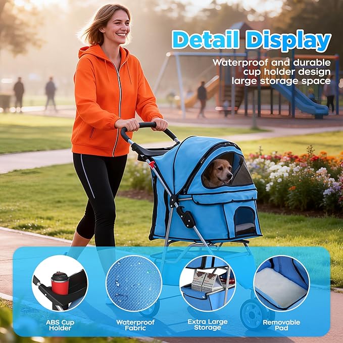 BestOffice Pet Stroller for Small Medium Dogs & Cats, 3-Wheel Foldable Dog Stroller with Cup Holder, Lightweight Travel Carrier, Waterproof Design for Outdoor Walks, Blue