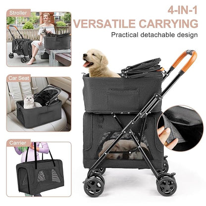 Double Pet Stroller with Detachable Carrier for Medium Small Dogs and Cats, Lightweight Dog Stroller Travel Carriage with No-Zip Canopy Storage Basket One-Click Folding and One-Foot Brake