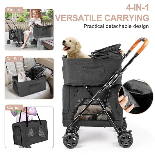 Double Pet Stroller with Detachable Carrier for Medium Small Dogs and Cats, Lightweight Dog Stroller Travel Carriage with No-Zip Canopy Storage Basket One-Click Folding and One-Foot Brake