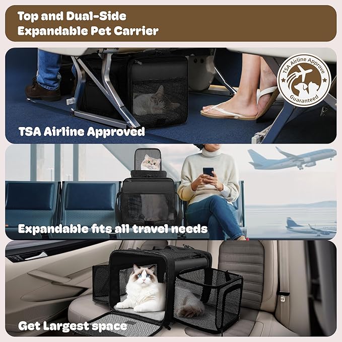 Top and 2 Sides Expandable Cat Carrier 18x11x11, TSA Airline Approved Dog Carriers for Small Dogs, Soft-Sided Pet Carrier with Self-Locking Zippers for Kitten,Rabbit, Puppy, Guinea Pig Black