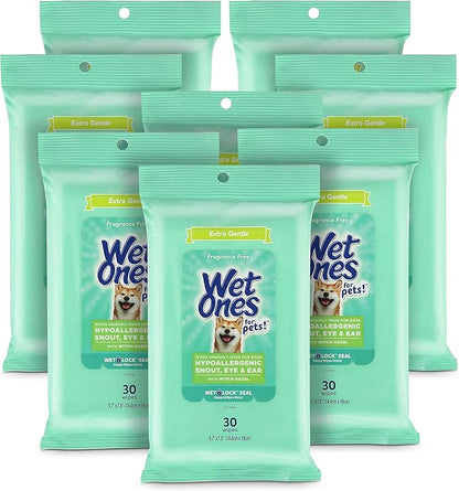 Wet Ones for Pets Extra Gentle Dog Wipes with Witch Hazel for Snout, Eye, Ear - Fragrance-Free Wipes for Dogs with Wet Lock Seal, 30 Count - 8 Pack