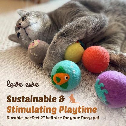 Hustle & Blush Love Ewe Felted Cat Toys 3 Pack - 2 Inch Fish & Bird Hand Made Cute & Fun Design Kitten Wool Felt Balls for Indoor Play & Exercise - 100% New Zealand Handmade Felted Balls