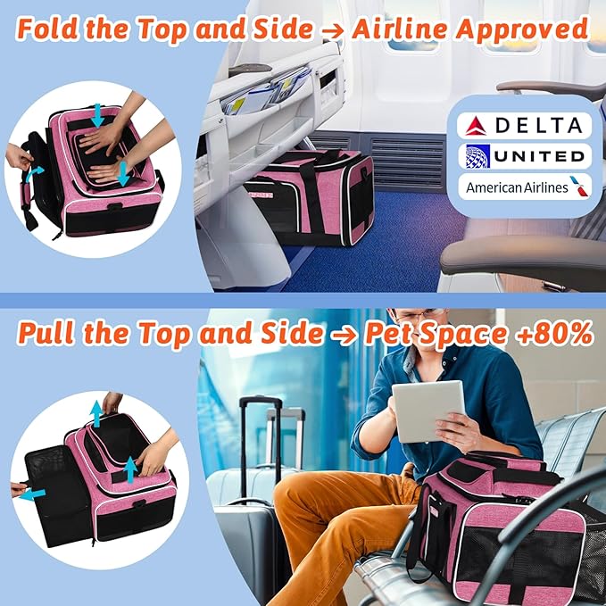 Petskd Top and Side Expandable Pet Carrier 18x11x11 Inches Delta United Airline Approved, Soft-Sided Carrier for Small Cats and Dogs with Locking Safety Zippers and Anti-Scratch Mesh(Pink)