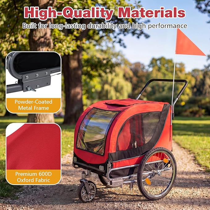 Giantex 2-in-1 Dog Bike Trailer & Pet Stroller for Large Dogs – Foldable Pet Carrier Cart with Front Caster & 2 Air-Filled Tires, Breathable Mesh, PVC Rain Cover, 176 lbs Capacity