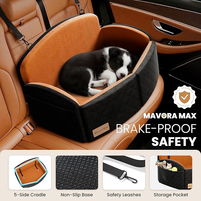 Dog Car Seat for Medium/Large Dogs, Memory Foam Dog Booster Seat with Thick Cushion up to 55 lbs or 2 Small Dogs, Travel Pet Car Seat with Detachable Washable Cover, 2 Safety Leashes (Black/Brown)