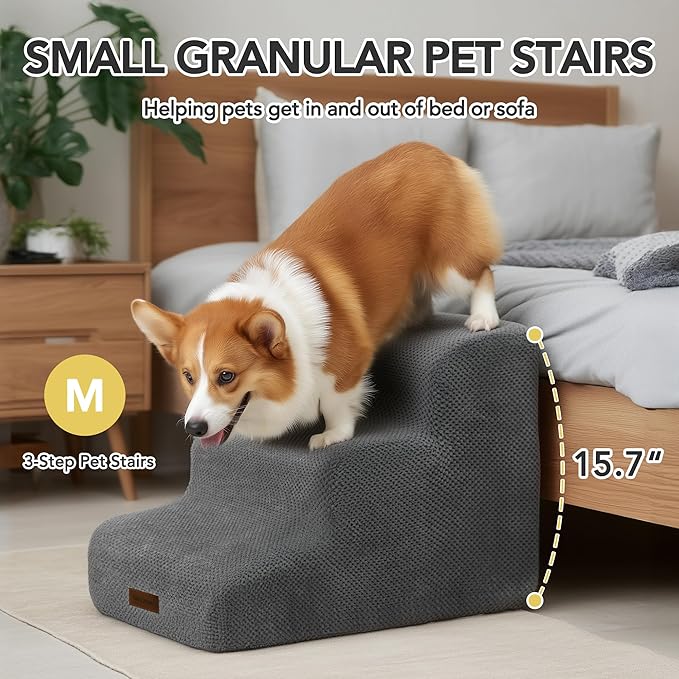Deconovo Pet Stairs for Small & Elderly Dogs Cats 3-Step Dog Ramp Non-Slip Surface, Soft Washable Cover, Portable for Couch & Bed Use –Ideal for Senior Pets, Compact Storage Friendly, 15.7" H Ash Gray