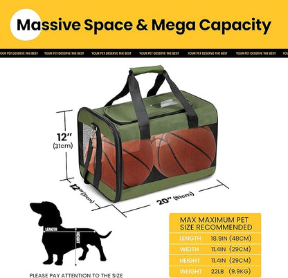 Dog Carrier Soft Sided, Large Cat Carrier with Inner Safety Leash, Pet Transport Carrier for Large Cats and Medium Dogs up to 20 Lbs, Collapsible Travel Puppy Carrier Bag -Green L