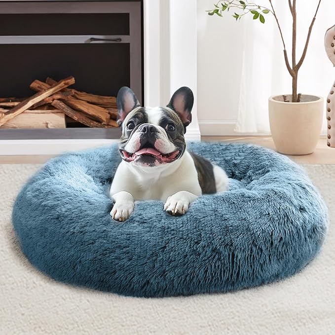 JOLLYVOGUE Calming Dog Bed Medium Size Dog, 31in Donut Washable Medium Pet Bed, Anti-Slip & Anti-Anxiety Fluffy Faux Fur Round Dogs Bed, Fits up to 45 lbs Pets (Blue)