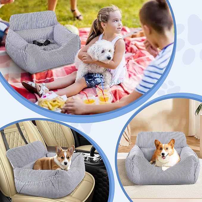 Dog Car Seat for Small Dogs, Pet Booster Seat with Clip-On Safety Leash and Storage Pockets, Washable Travel Dog Car Bed for Puppy (Blue White)