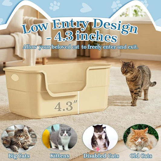 Low Entry Litter Box for Kittens & Senior Cat, High Sided Kitty Litter Boxes with Handle, Anti-Splash Plastic Large Litter Tray Pan for Big Cats, Easy to Clean, 19.6"L*13.7"W*8.6"H (Apricot)