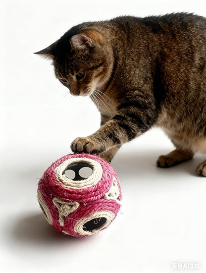 1x Hemp Ball Cat Toy,Six-Hole Hollow-Out Designed,Sisal Hemp Woven Cat Toy, Plume Bell Inside,Special Kitten Chew Toys for Indoor Cats,Interactive pet (Red, 12cm Ball)