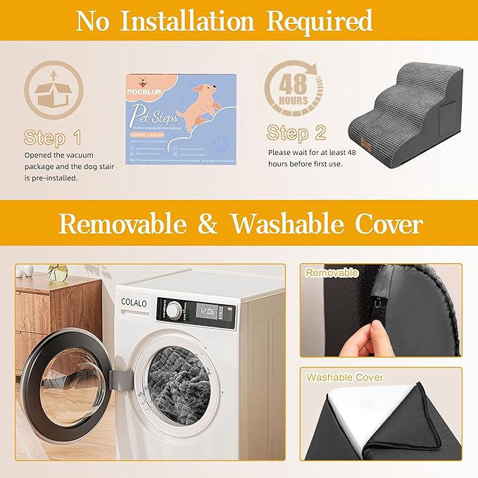 Dog Stairs for Small Dogs, Wide Pet Step with Removable Cover, No Assembly High Density Foam Cat Ramp for Bed or Sofa, 3-Step, Dark Grey